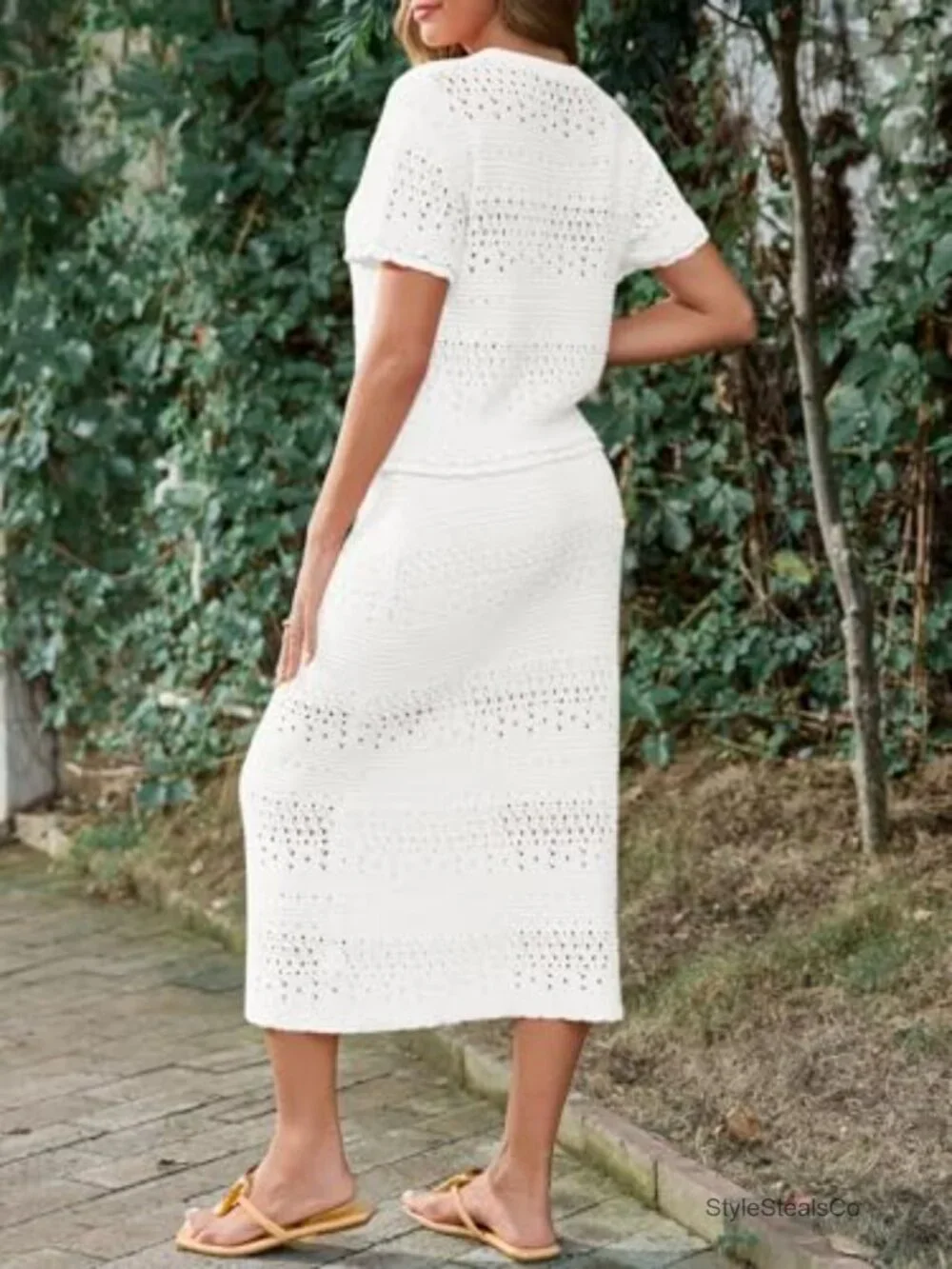 Women Crochet Cover Up 2 Piece Skirt Sets Short Sleeve Knit Top Midi Skirt